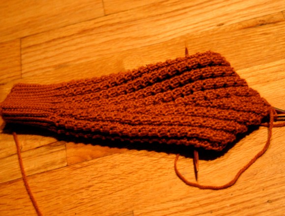 Underside of sleeve.  I like how the increases make a V in the waffle ridges.